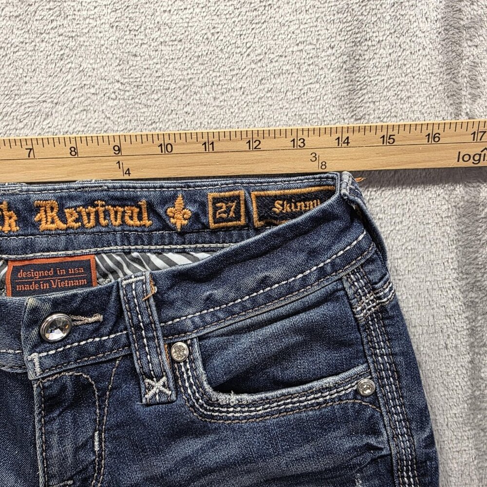 Rock Revival Jeans Womens 27 Blue Piera Skinny Raw Hem Embroidered Fleur de Lis - Picture 8 of 11